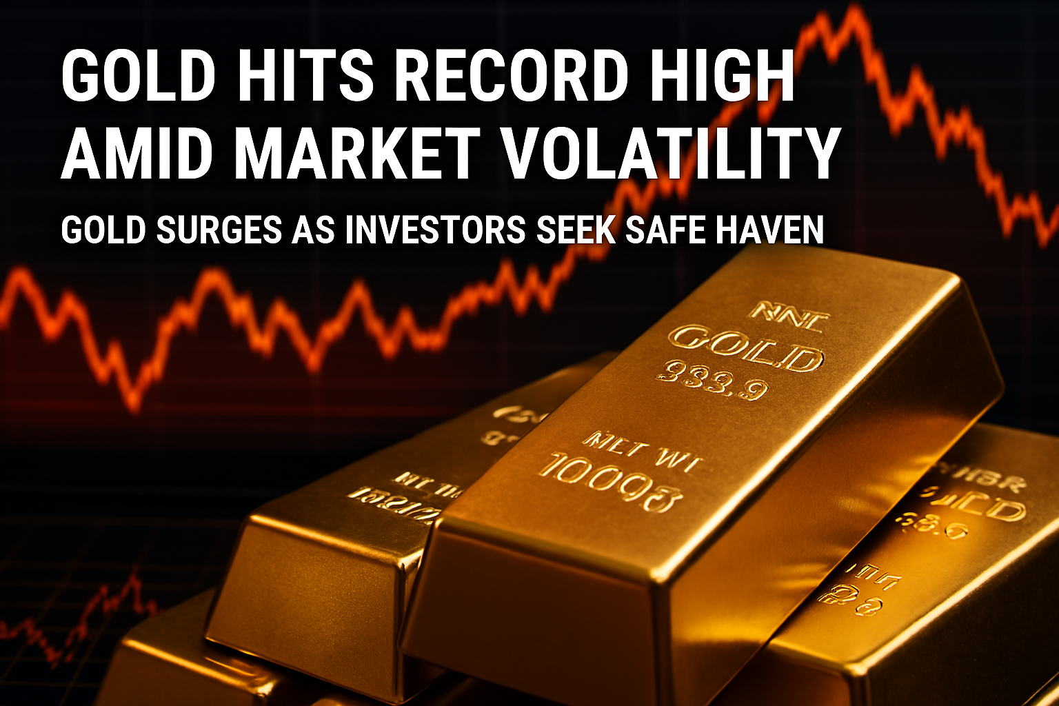 Stacked gold bars with "FINE GOLD 999.9" engraving, set against a fluctuating market chart, symbolizing gold’s surge to record highs.