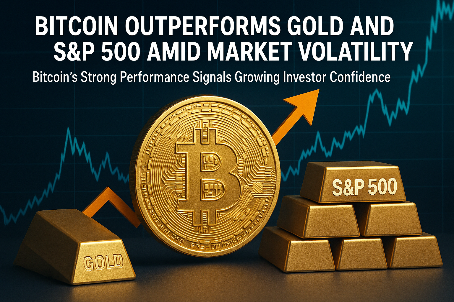 A digital infographic compares Bitcoin, gold, and the S&P 500 during market fluctuations, showing Bitcoin’s strong upward trend with a rising arrow.