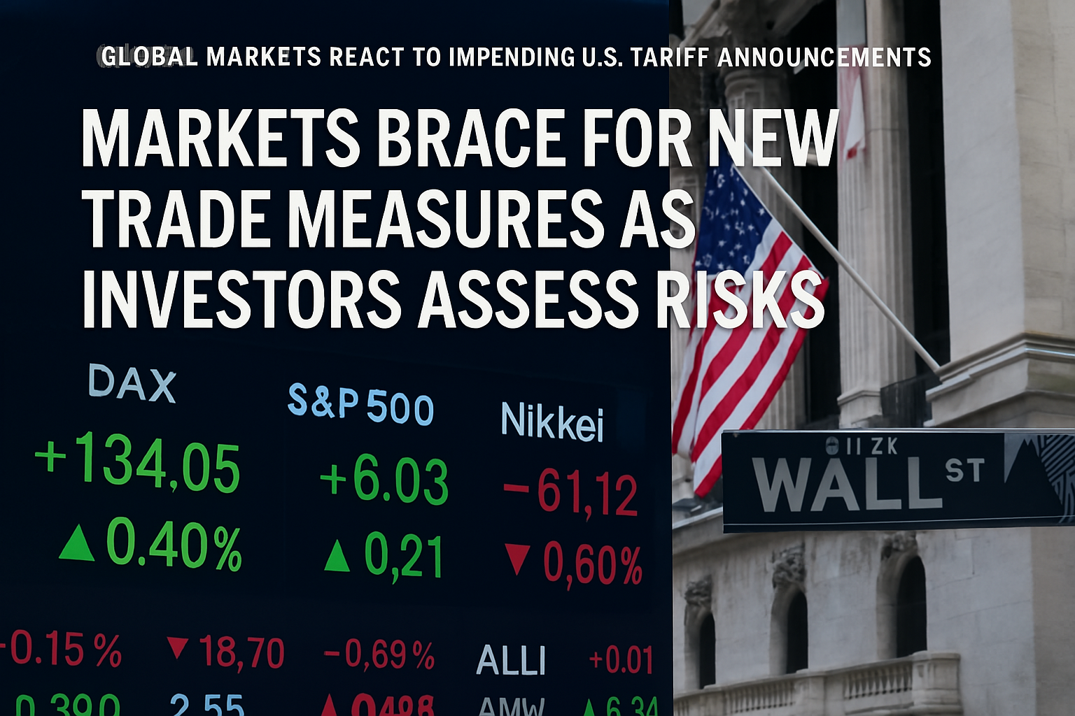A digital financial graphic showing global market reactions, featuring the Wall Street sign, fluctuating stock indices, and an American flag in the background.
