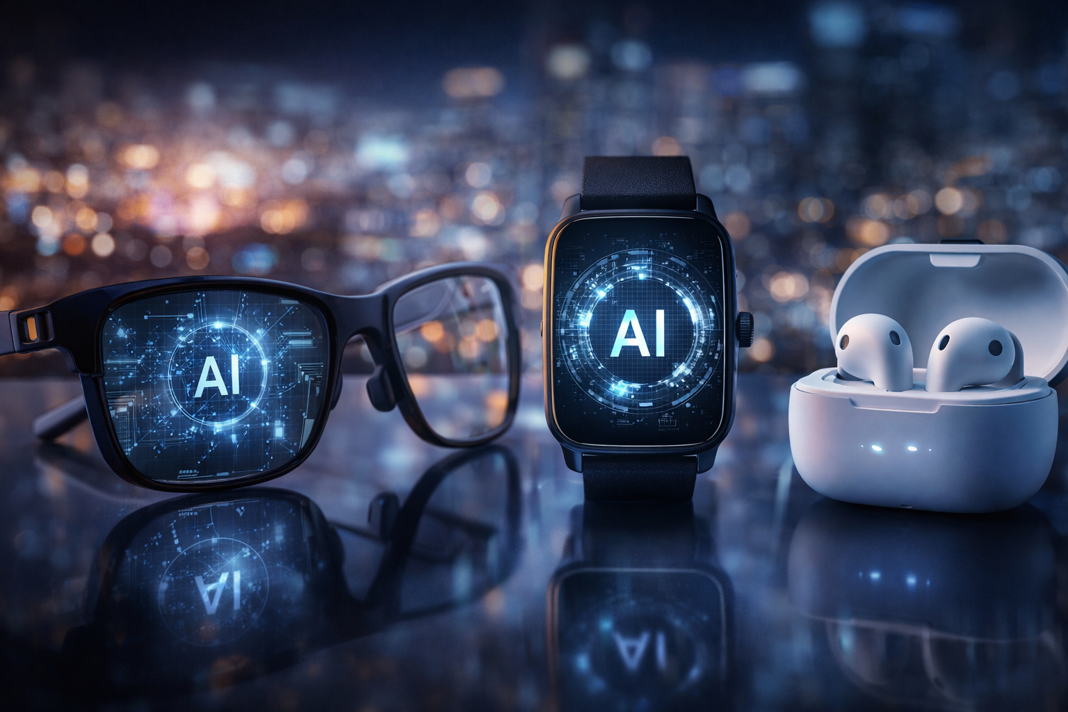 Photorealistic close-up of advanced wearable devices including smart glasses, a smartwatch, and wireless earbuds arranged on a reflective surface against a softly blurred city backdrop.
