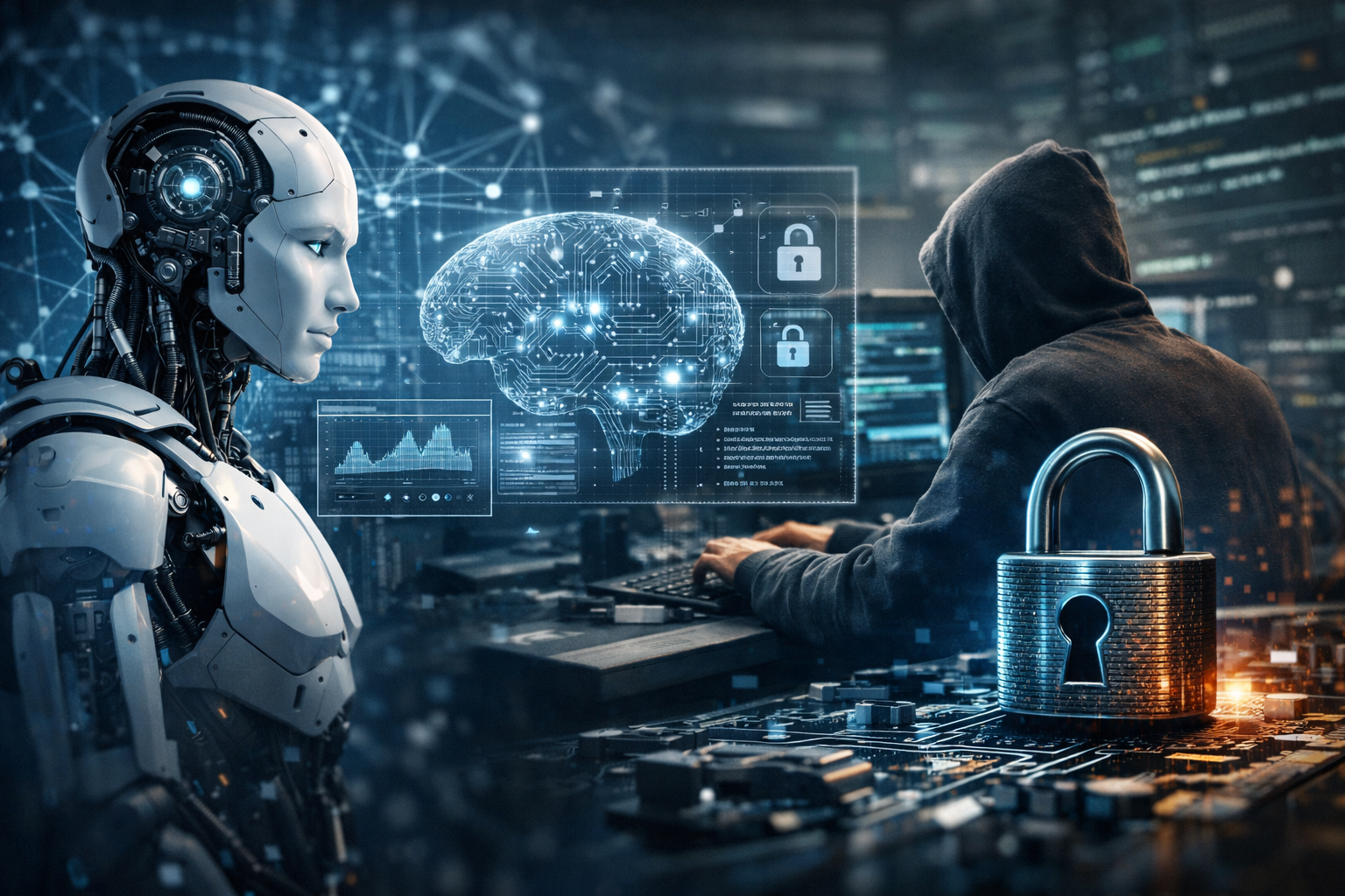 A photorealistic scene showing a humanoid AI robot facing a hooded cyber attacker across a glowing digital interface with a brain-shaped network graphic and security lock icons in a dark control-room setting.