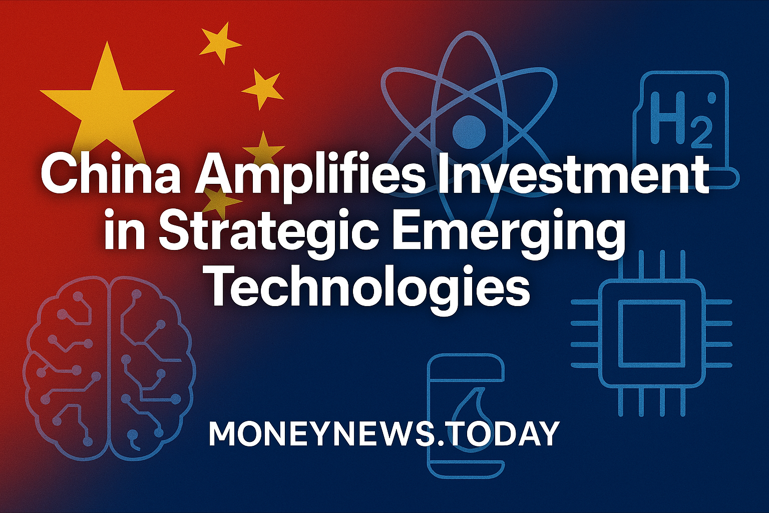 Digital illustration highlighting China's investment in emerging tech with the Chinese flag and innovation icons.