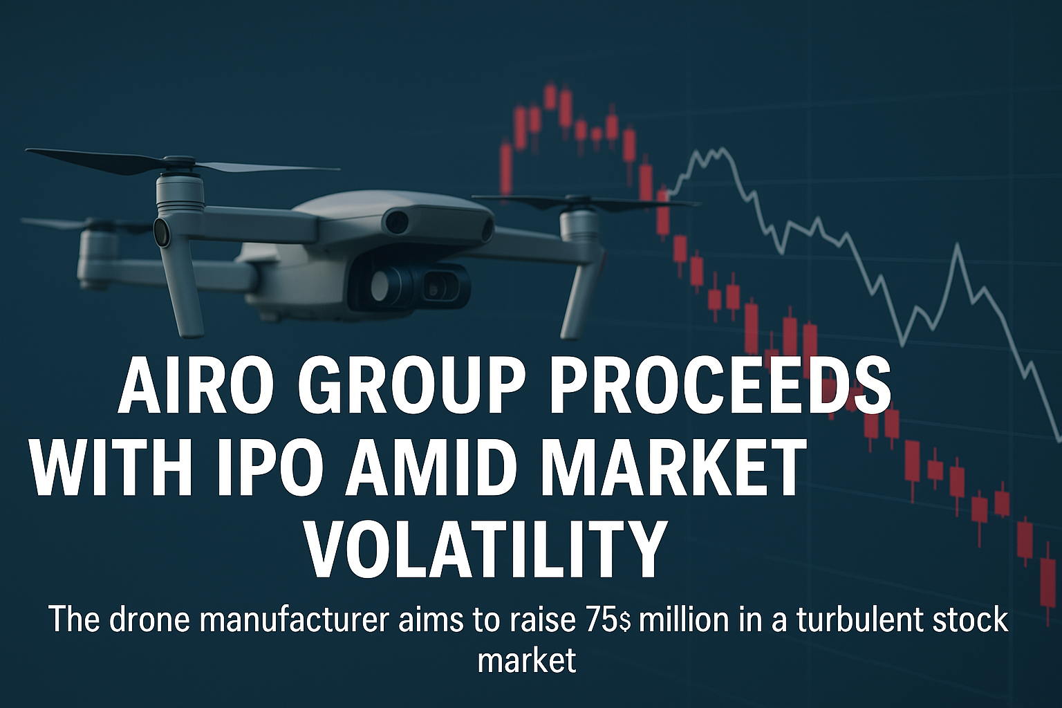 A news-style digital image of a drone and stock chart representing Airo Group’s IPO amid market uncertainty.