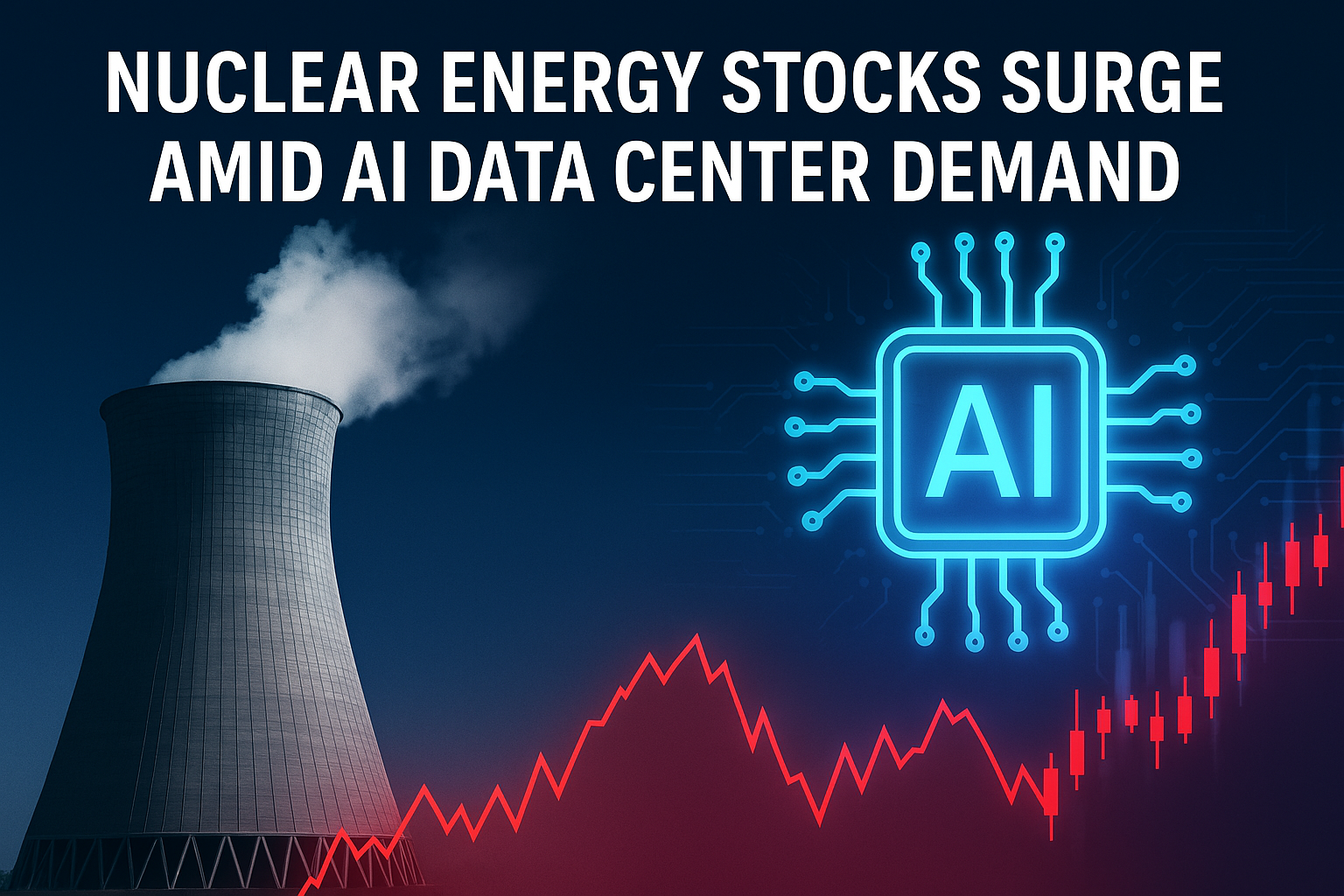 Illustration of a nuclear power plant, AI chip, and stock chart reflecting the rise of nuclear energy stocks due to AI demand.