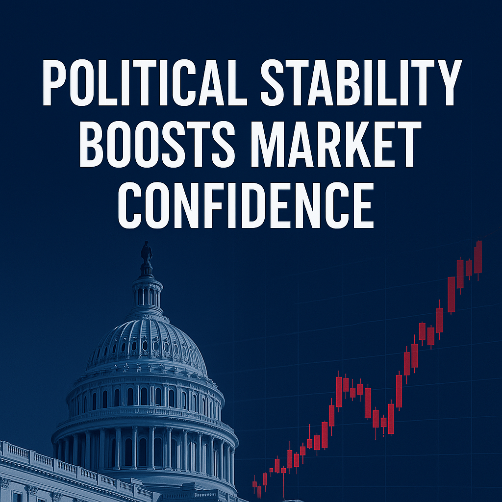 Illustration of the U.S. Capitol with a rising stock market graph symbolizing the impact of political stability on financial markets.