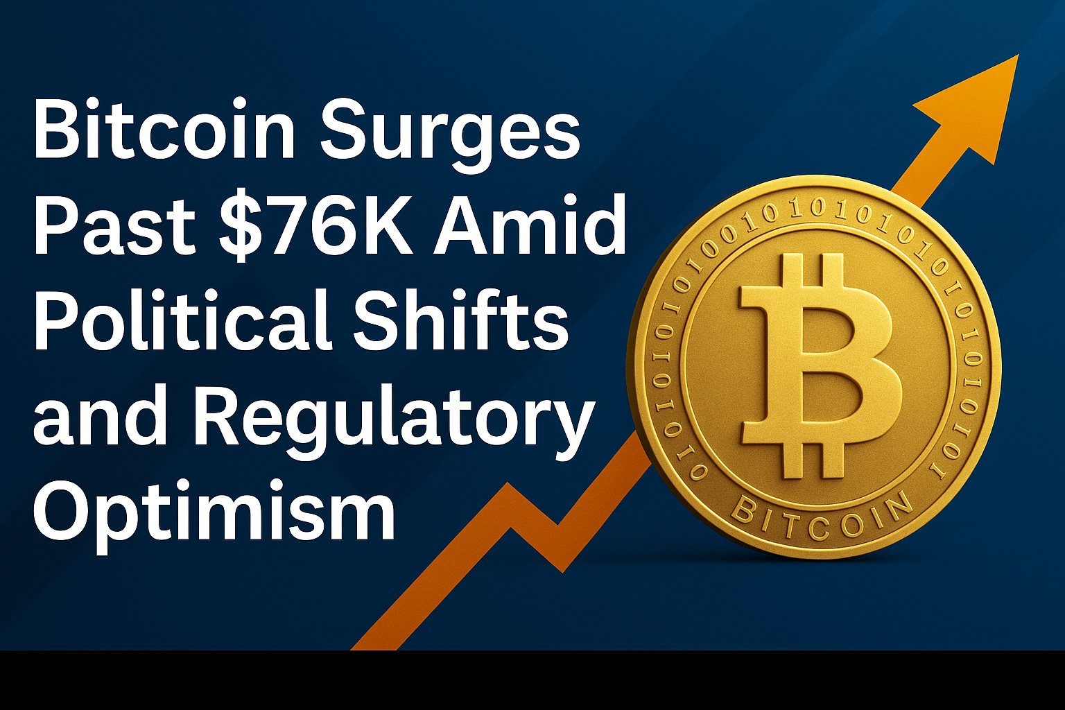 Bitcoin graphic with price surge arrow and text about regulatory optimism