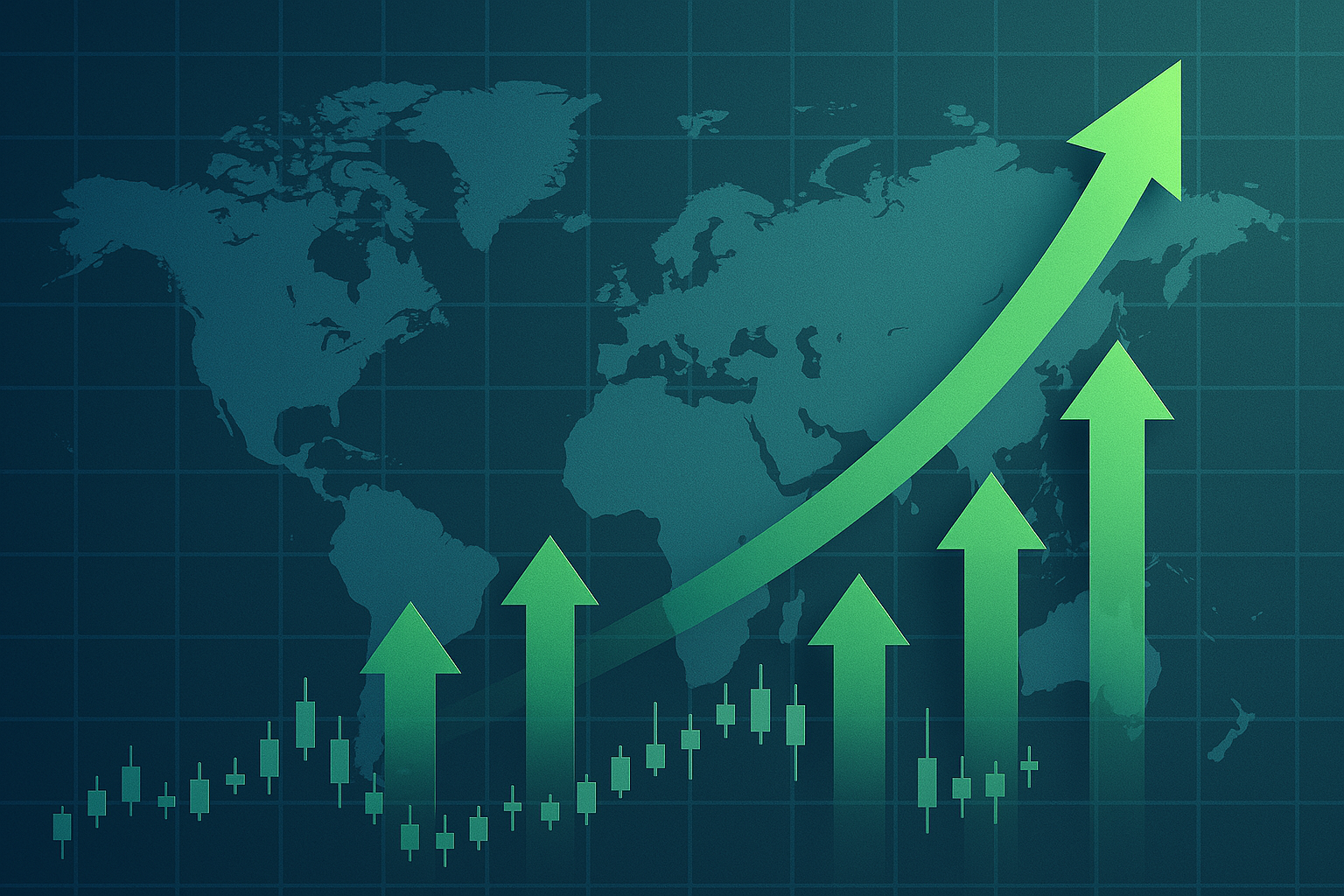Digital illustration of upward green arrows and candlestick charts rising over a world map, symbolizing growth in emerging stock markets.