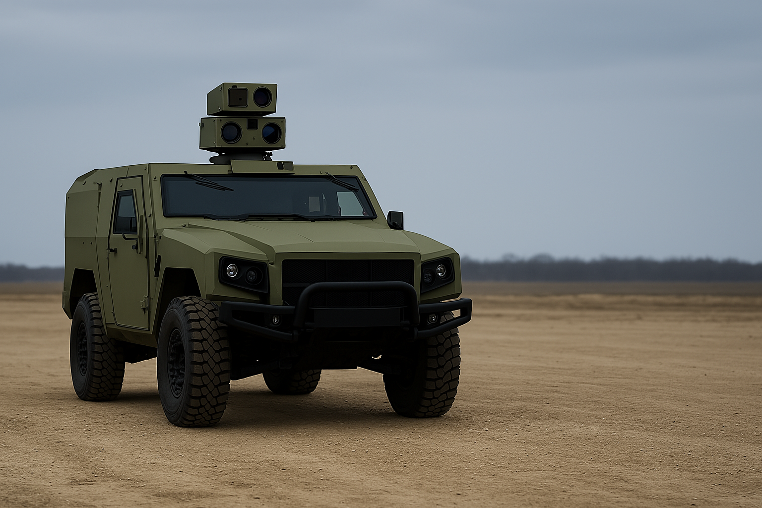 Autonomous military vehicle with rugged tires and mounted sensors parked on a wide, barren terrain under overcast skies.