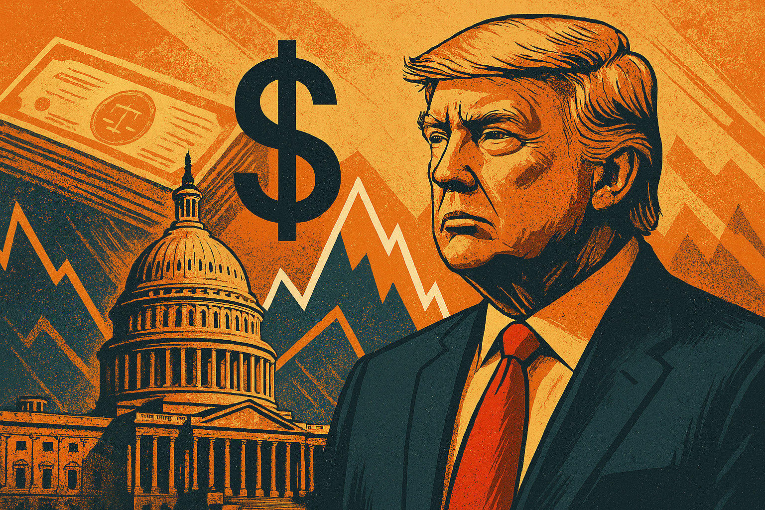Symbolic digital illustration showing former President Donald Trump surrounded by abstract financial symbols and a turbulent red-blue color scheme representing economic uncertainty.