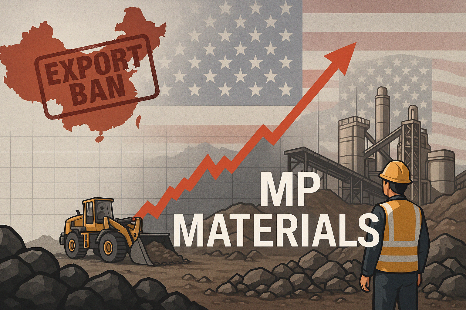 Illustration of China's export ban boosting MP Materials with rising stock chart and mining visuals
