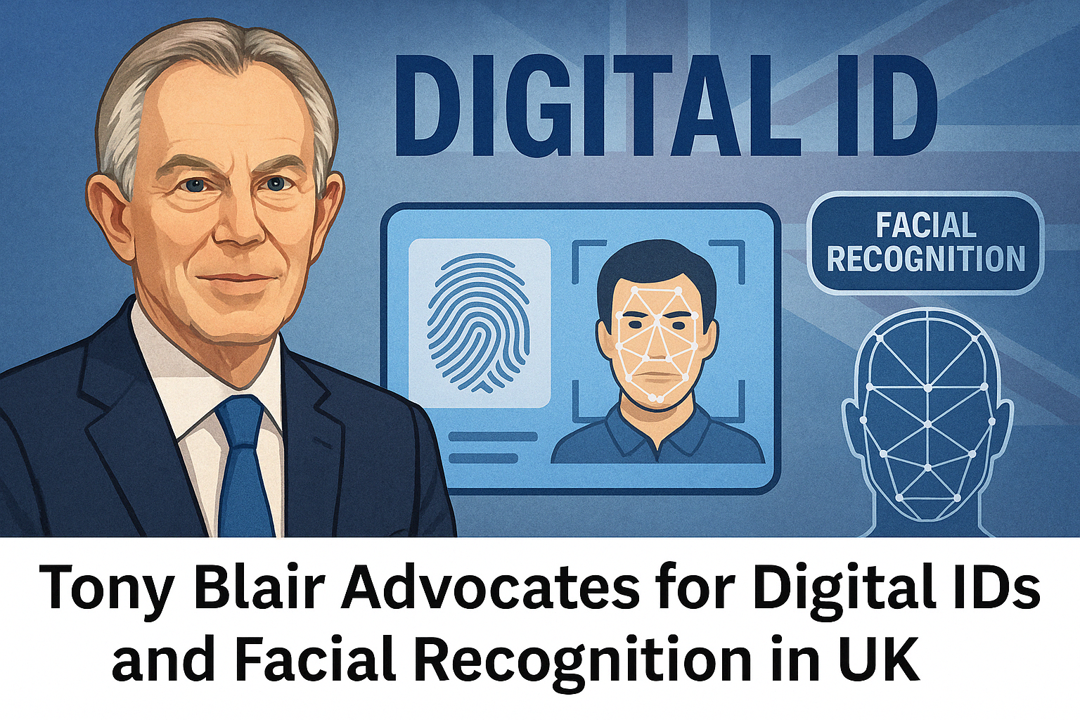 Illustration of Tony Blair with digital ID and facial recognition graphics over a UK flag background