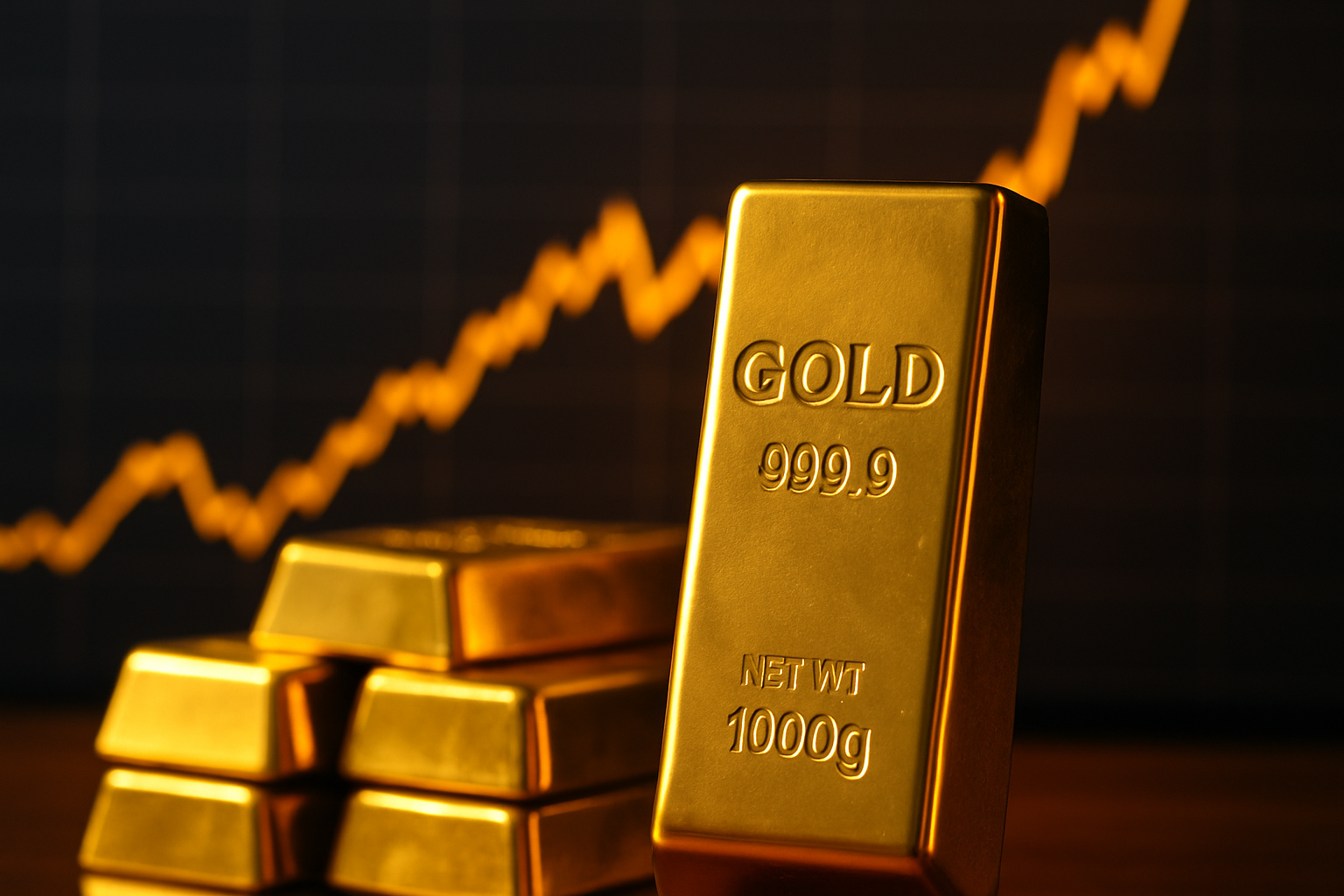 Gold bar standing upright with stacked bars in the background and a rising financial chart line behind them