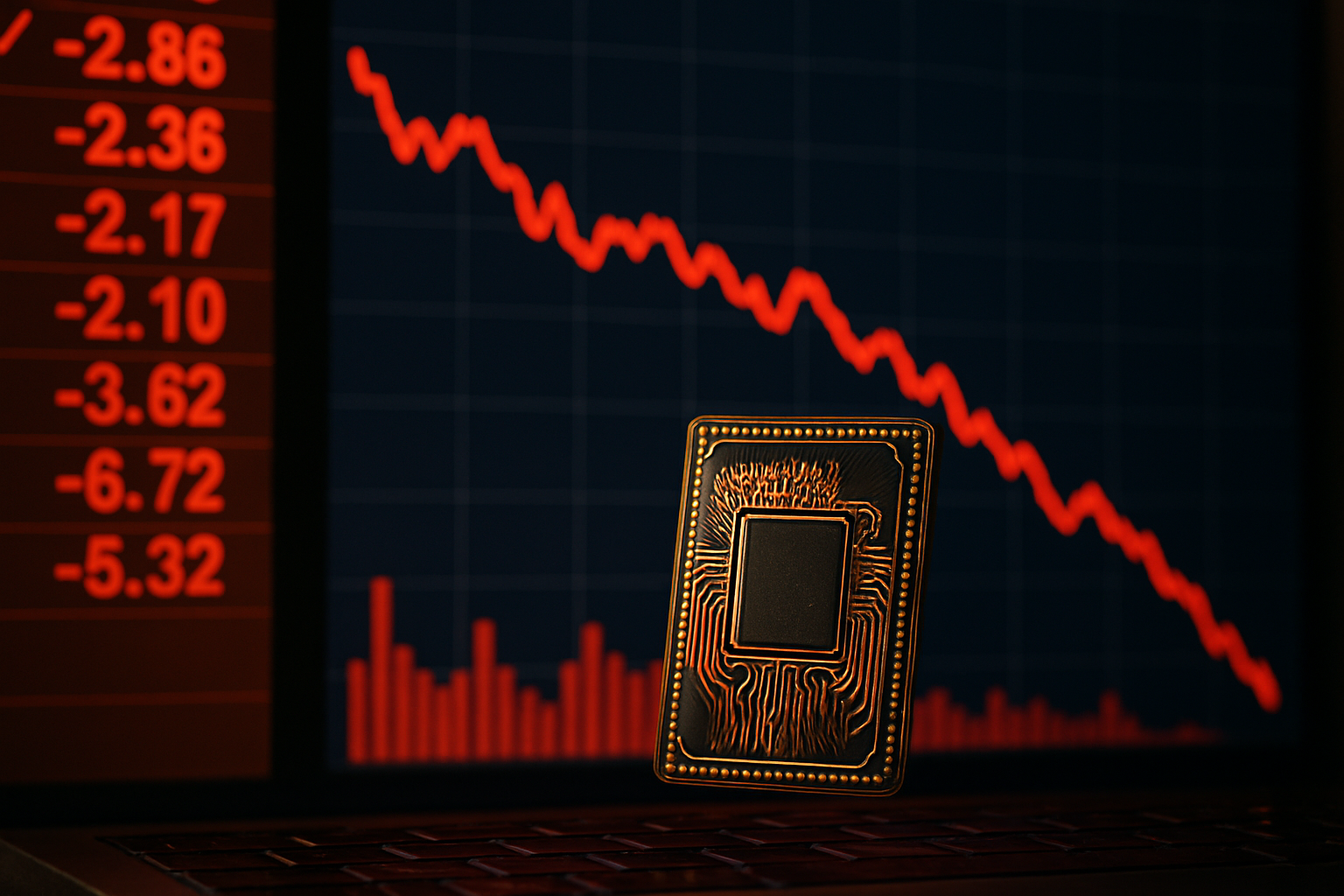 A gold microchip standing in front of a red downward-trending stock market graph on a dark screen.