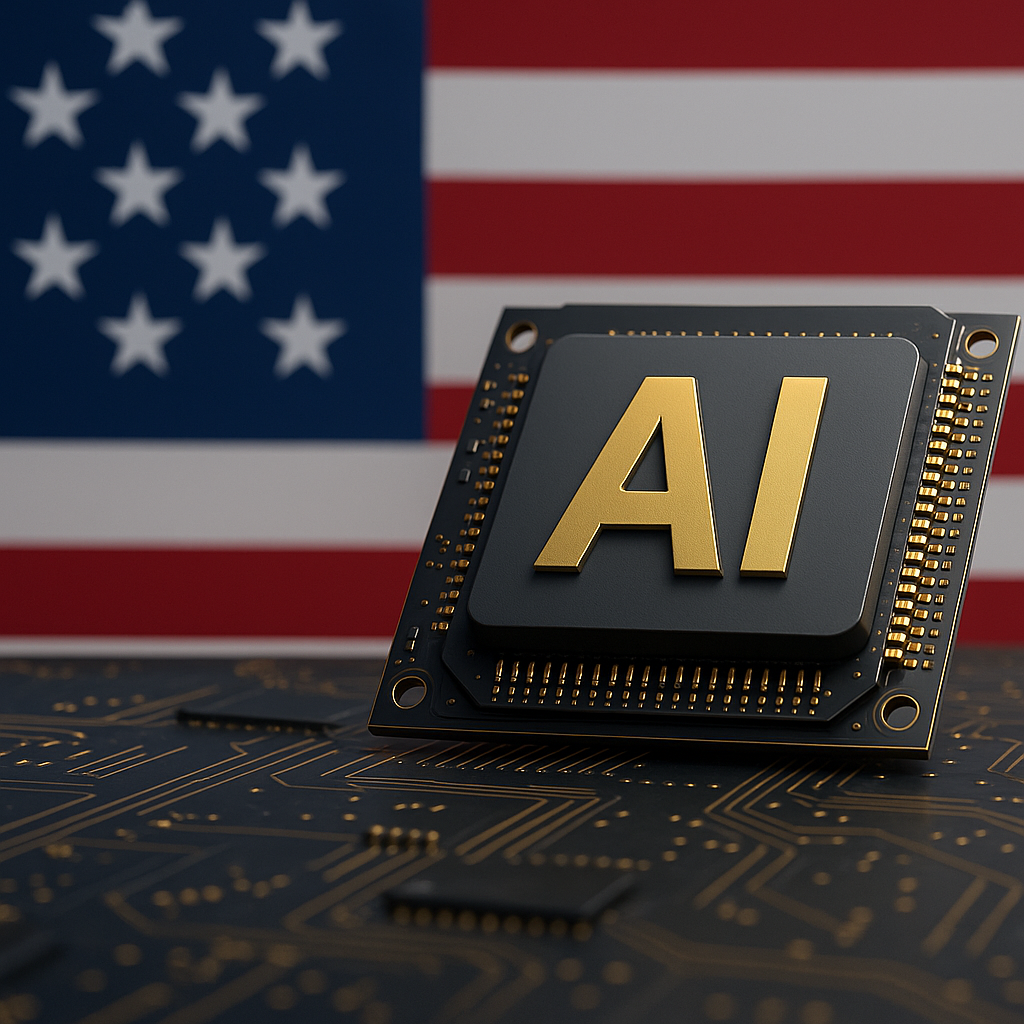 A close-up of an AI chip with a blurred U.S. flag in the background, symbolizing U.S. export restrictions on AI technology.