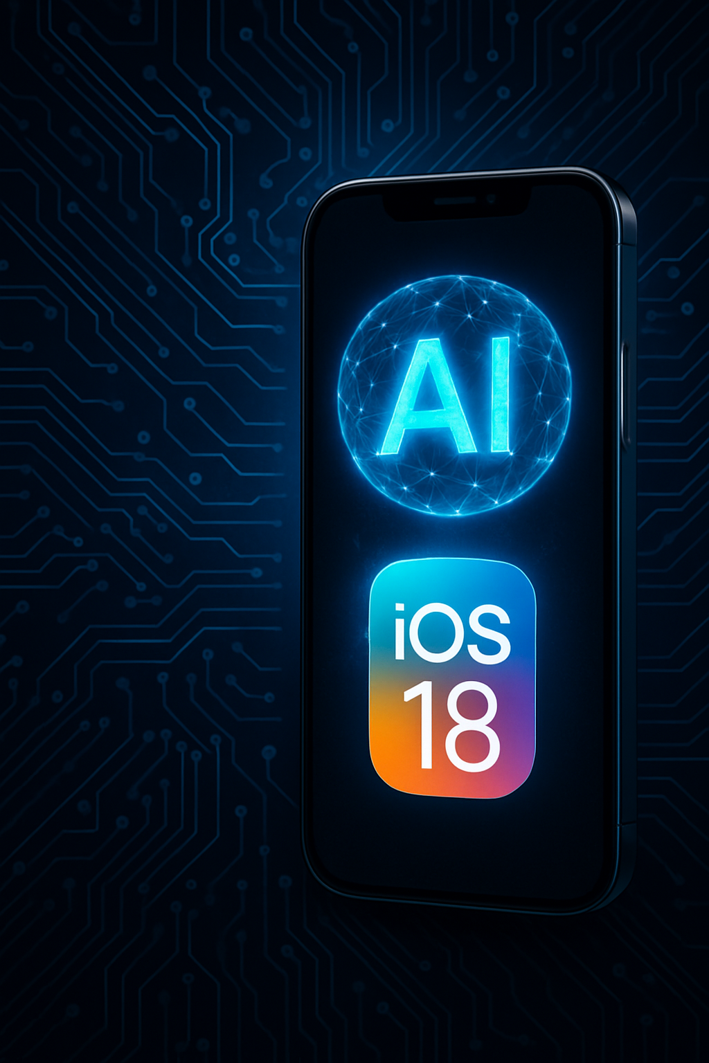 Apple iPhone displaying iOS 18 interface with abstract AI visuals, highlighting on-device AI technology.
