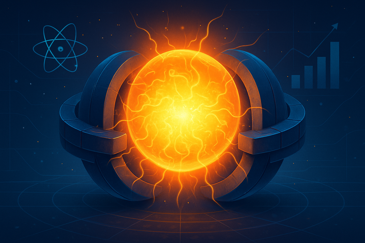 A glowing plasma sphere inside a futuristic tokamak reactor, symbolizing fusion energy.