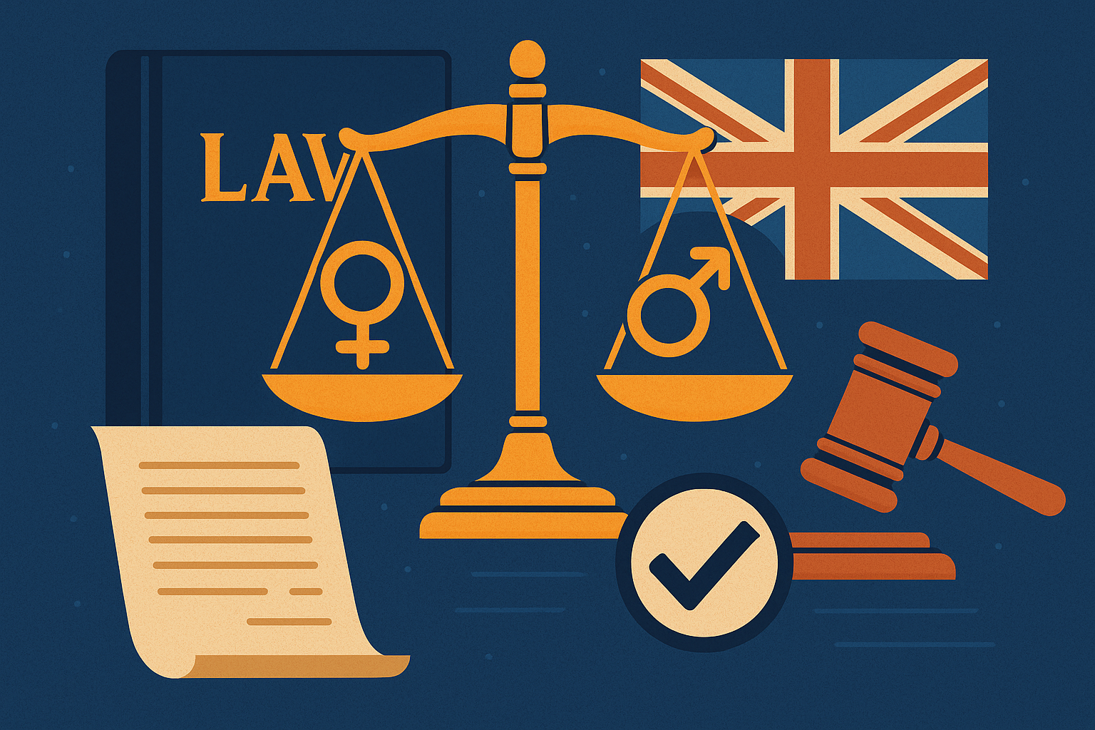 A balanced scale of justice with male and female symbols, a gavel, UK flag, and legal documents.