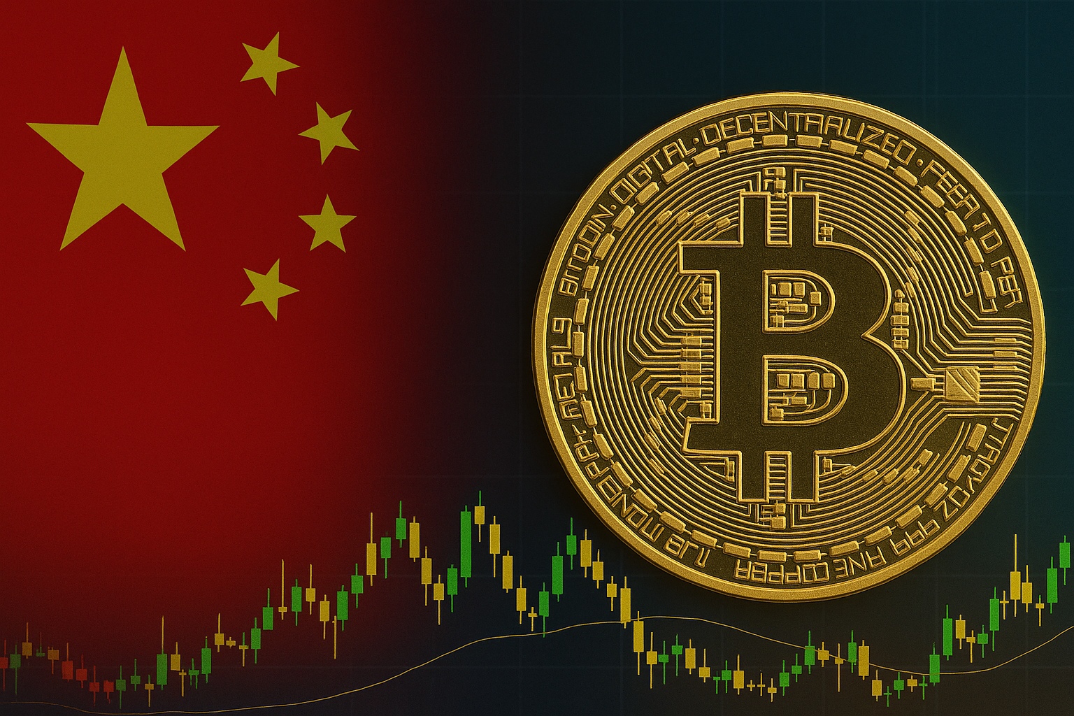 Illustration of China’s flag beside a golden Bitcoin with a financial candlestick chart overlay