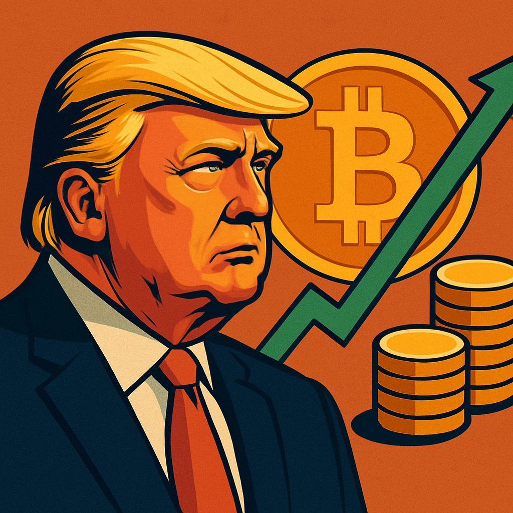 Illustrated portrait of Donald Trump with Bitcoin symbol, green upward arrow, and stacks of coins in the background.