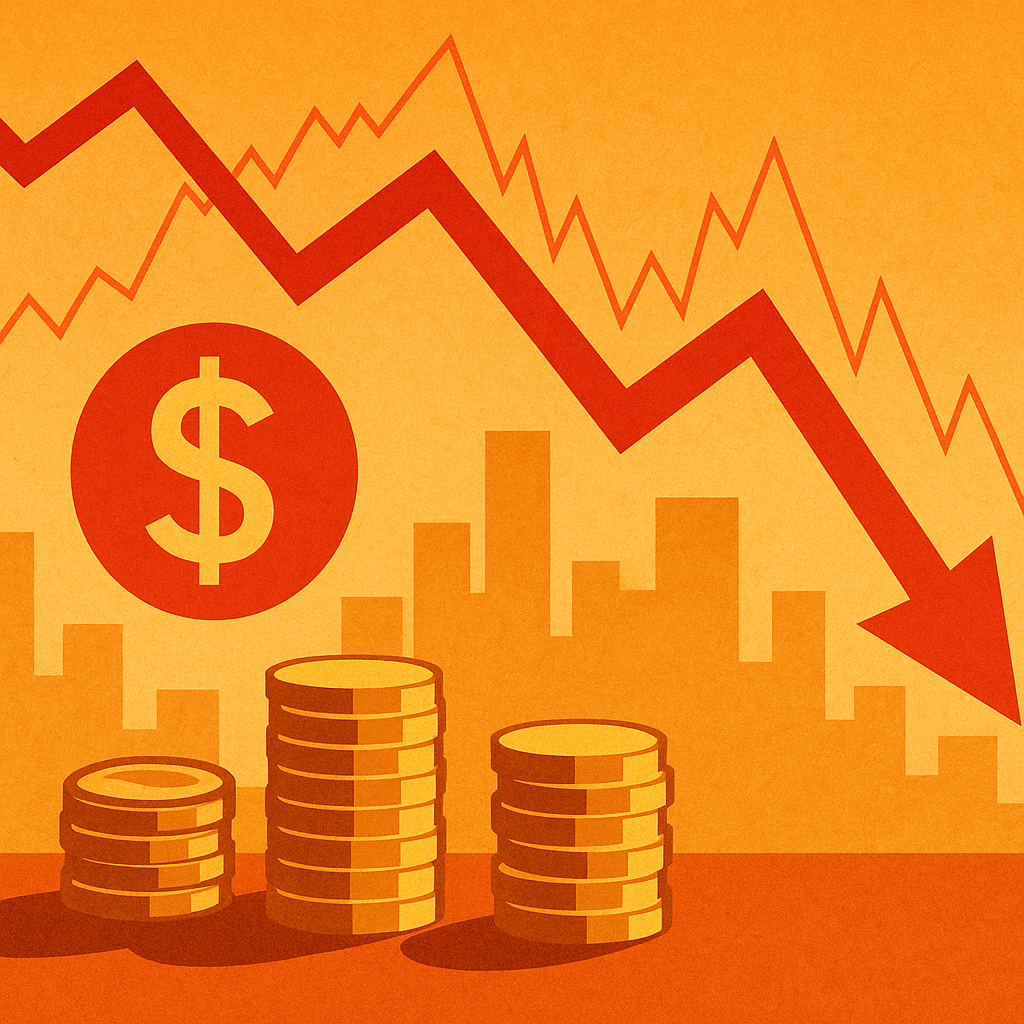 Abstract illustration of a red downward arrow and falling coins symbolizing stock market volatility.