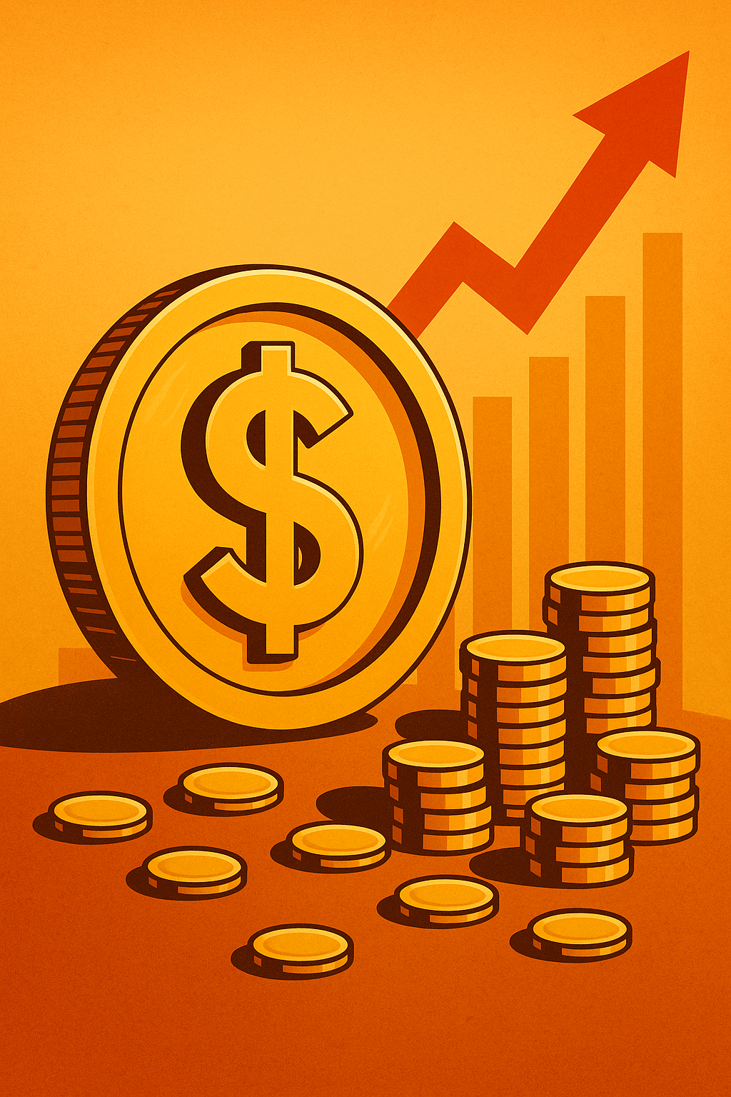 Stylized illustration of gold coins stacked high with an upward red arrow and chart bars in the background.