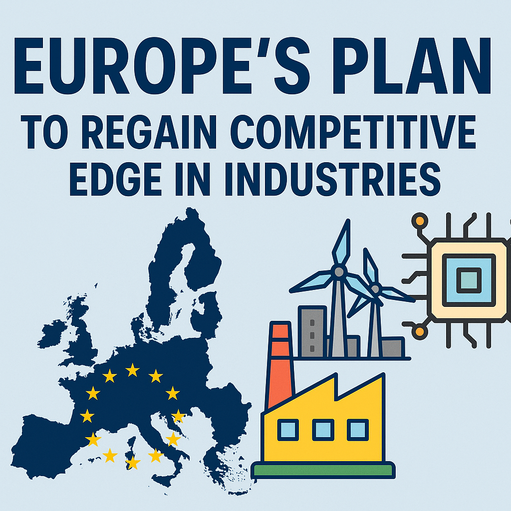 A digital illustration featuring the EU flag, a factory, wind turbines, and a microchip, symbolizing Europe's industrial strategy.