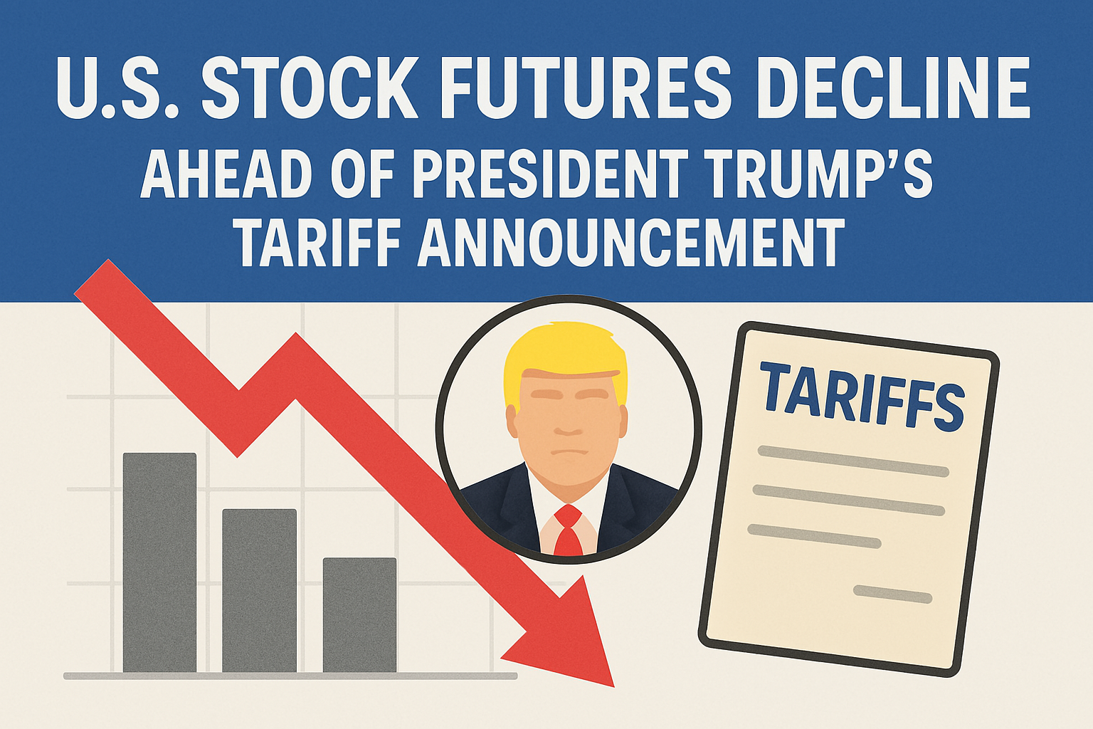 A digital graphic showing a downward red arrow, a bar chart, and an icon of President Trump with a "TARIFFS" document, symbolizing market concerns.