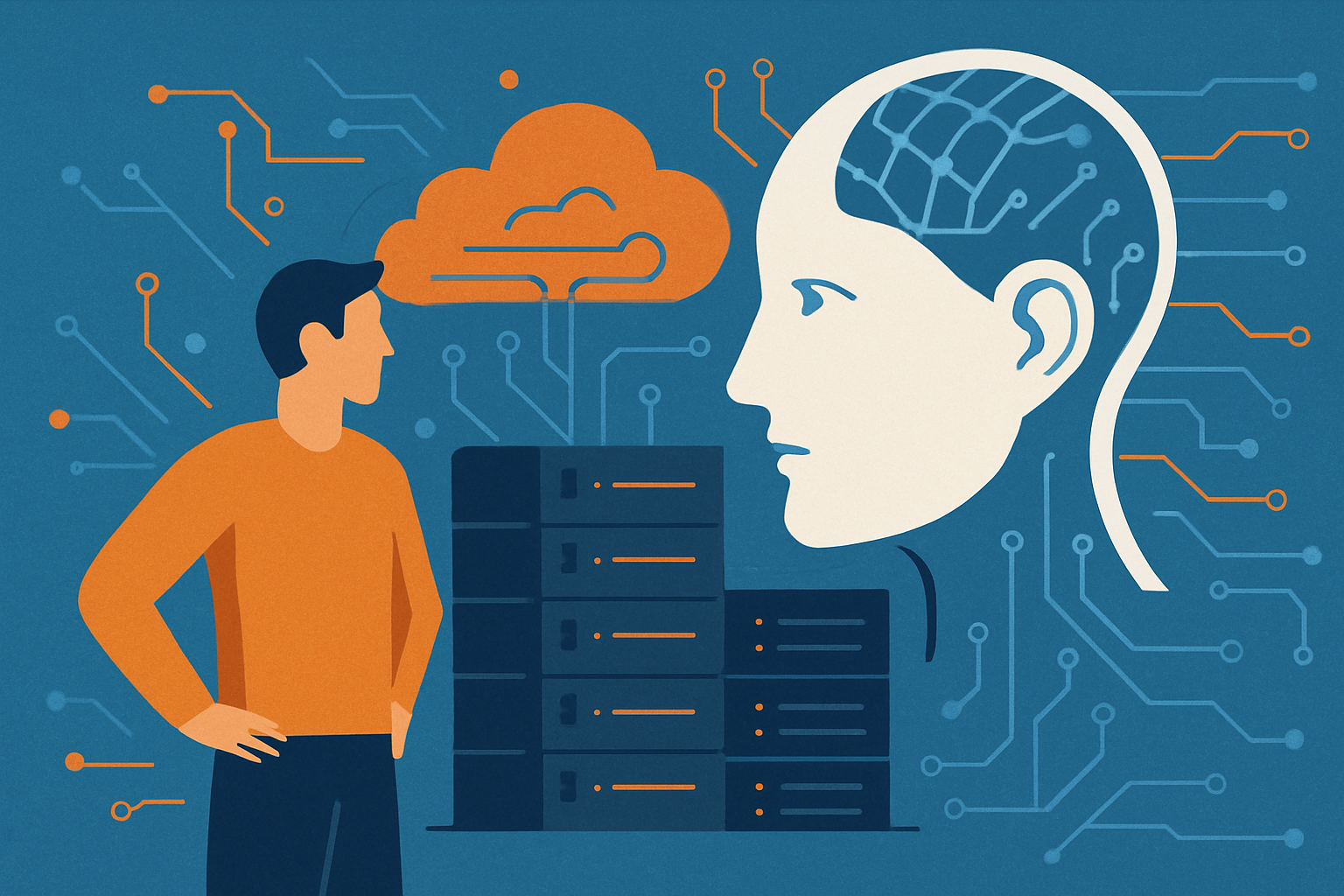 Illustration of a person facing a large AI face with cloud computing and data servers in the background.