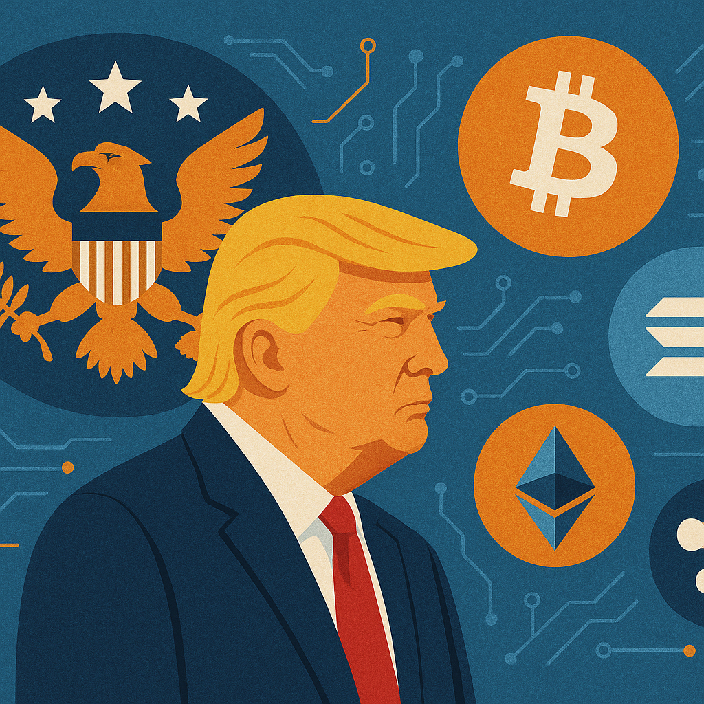 Illustration of Donald Trump with U.S. national emblem and cryptocurrency symbols like Bitcoin, Ethereum, Solana, and Ripple.