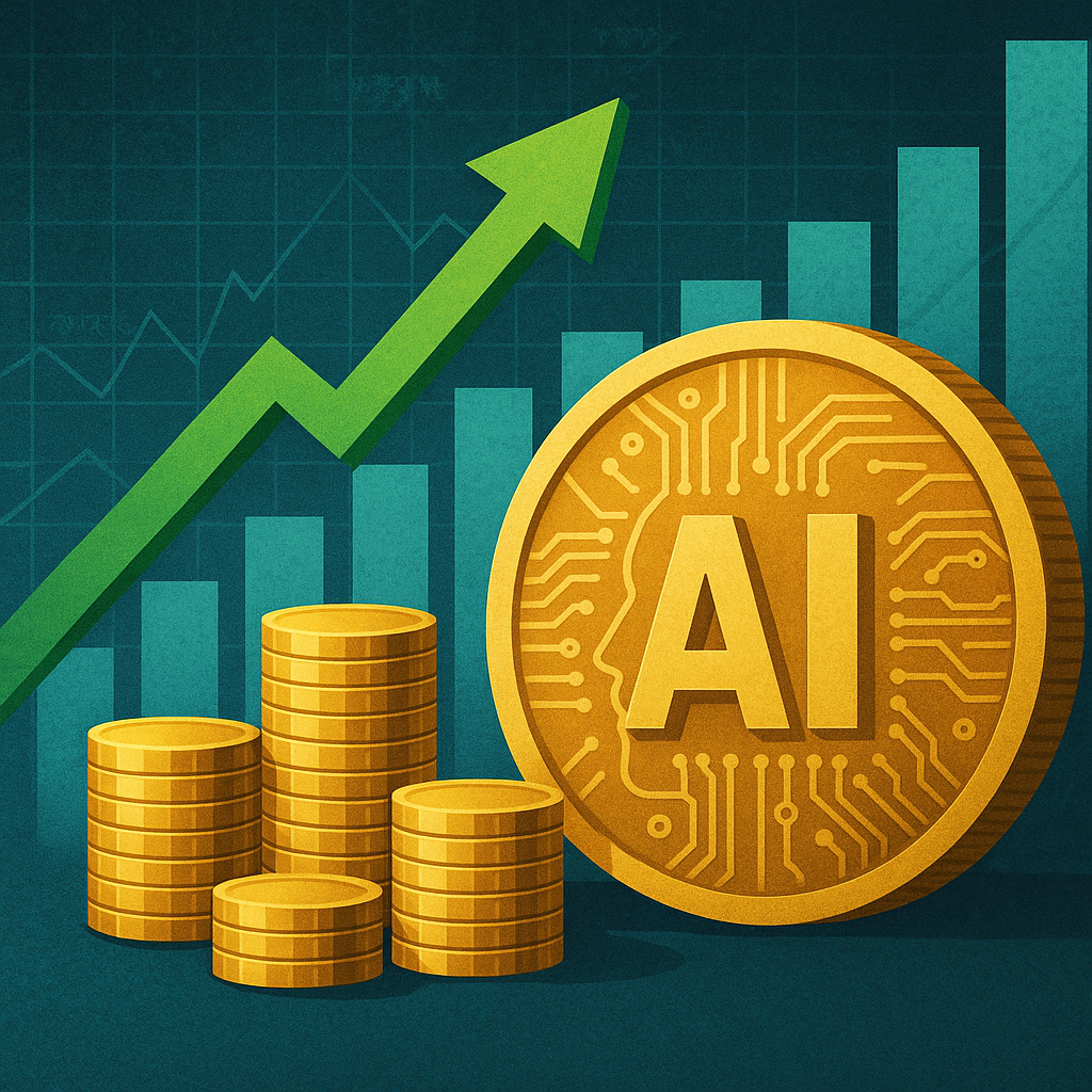 Symbolic illustration of gold AI coin, stacked coins, and upward-trending graph representing growth in AI investments