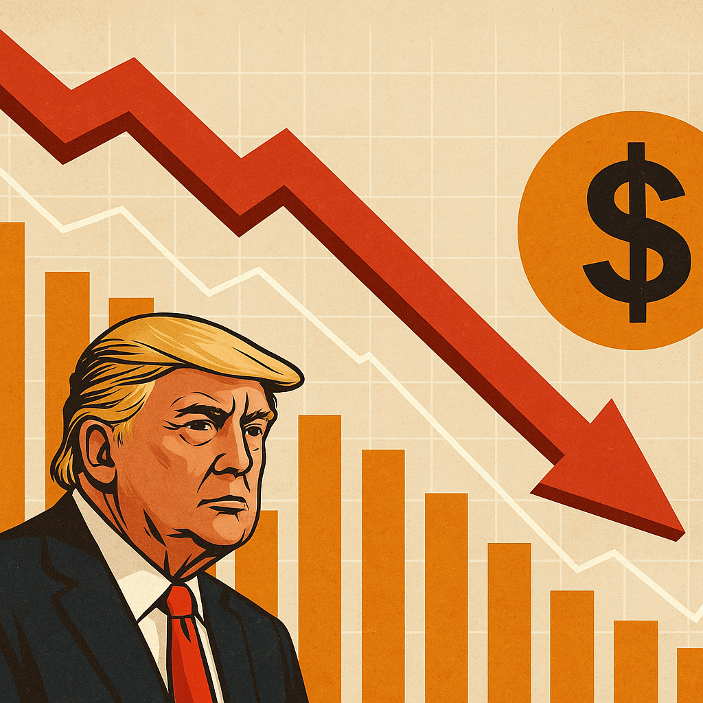 Illustration of Donald Trump beside a declining stock chart and dollar sign, symbolizing market downturn