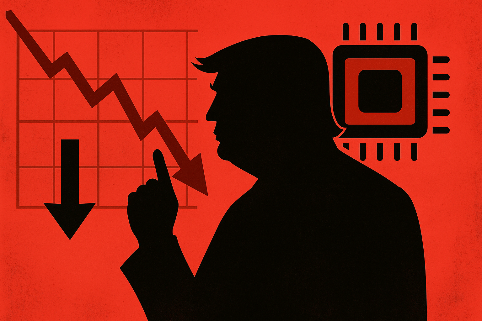 Silhouette of Donald Trump pointing with a falling stock chart and microchip symbol in the background, on a red backdrop.