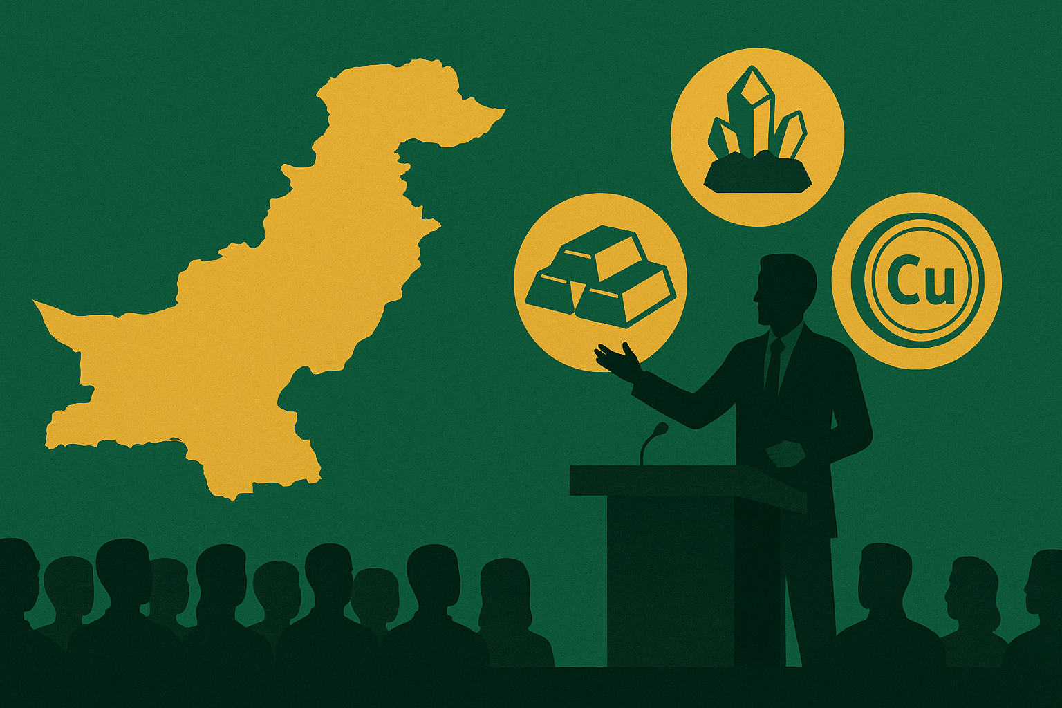 A symbolic illustration of Pakistan’s mineral investment summit, featuring a speaker at a podium and icons representing copper, gold, and quartz against the map of Pakistan.