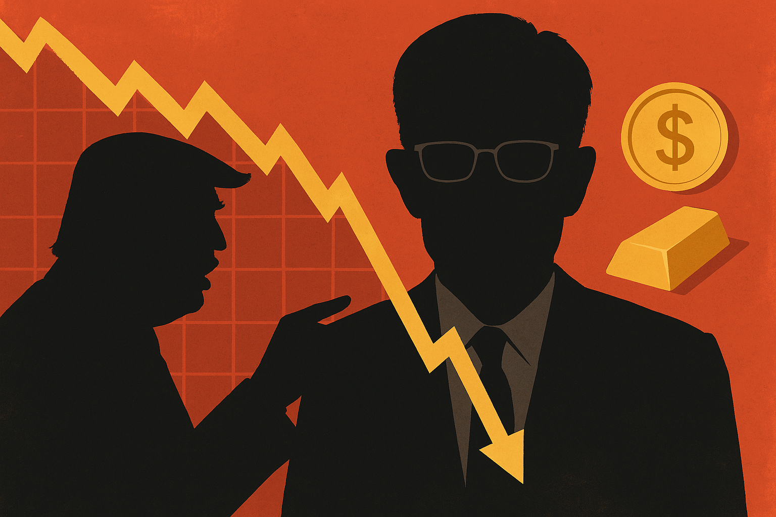 Illustration of Donald Trump and Jerome Powell in silhouette with a falling stock graph, gold coin, and gold bar on a red backdrop.