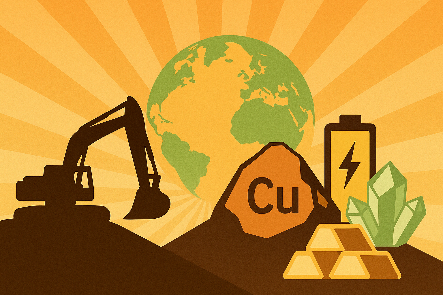 A symbolic digital illustration of global mining and critical minerals driving the energy transition
