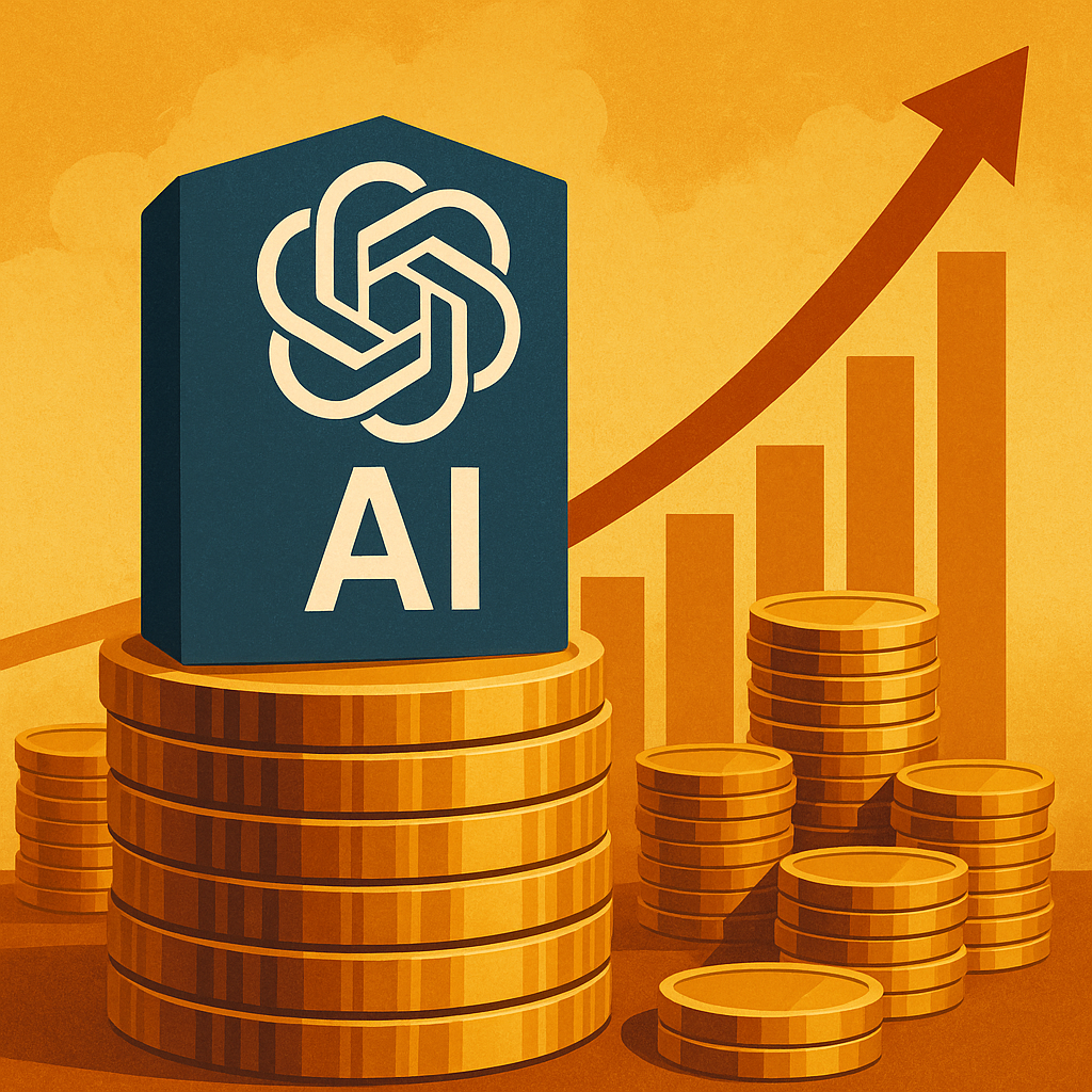 Illustration of an AI monolith atop stacked gold coins with an upward arrow and bar chart in the background, symbolizing massive AI investment growth.