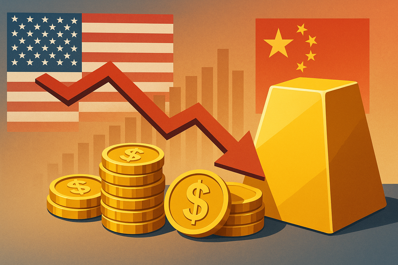 Illustration showing gold bars and coins with a downward arrow and U.S. and China flags in the background, symbolizing falling gold prices amid reduced trade tensions.