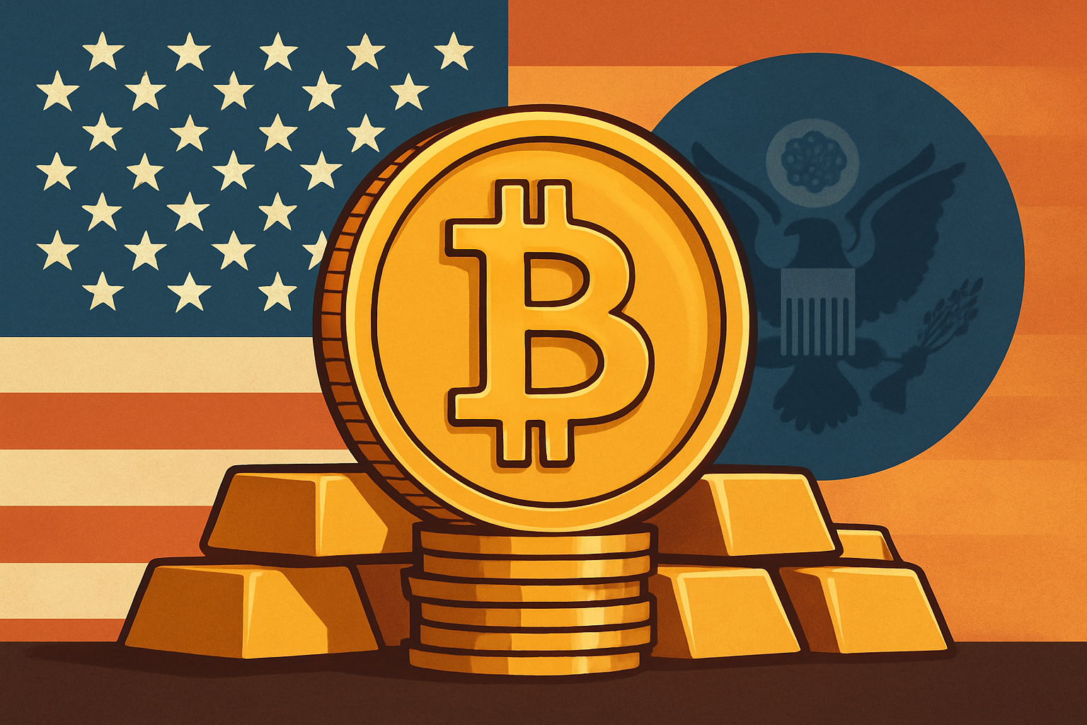 A golden Bitcoin coin stands tall in front of the American flag and the Great Seal of the United States, symbolizing the U.S. Strategic Bitcoin Reserve initiative.