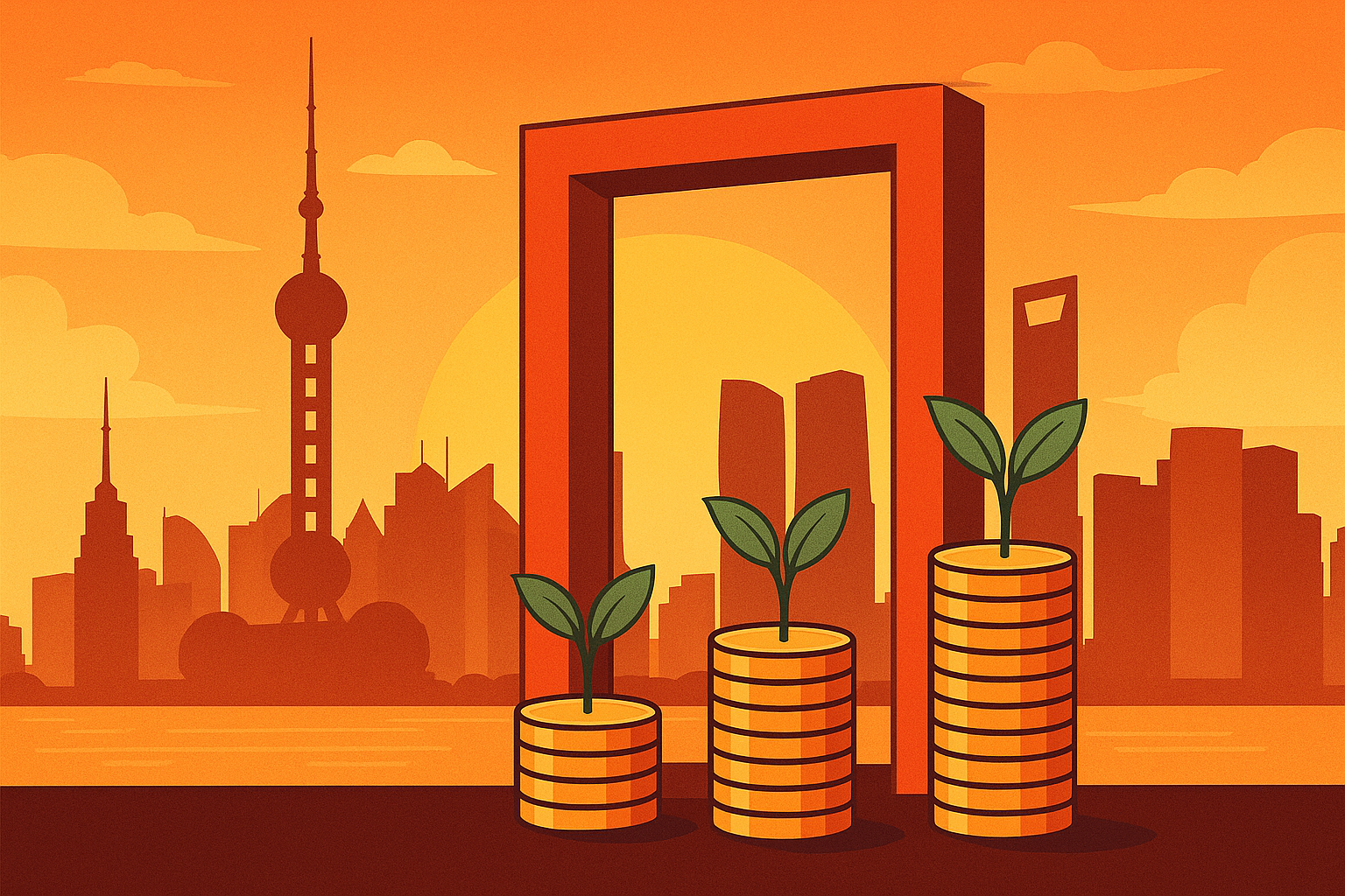 Digital illustration of Shanghai skyline at sunset with a symbolic red gateway and stacked coins sprouting plants in the foreground.