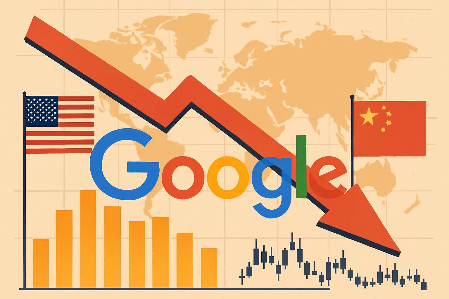 Illustration of the Google logo with a downward red arrow, U.S. and China flags, a world map, and financial charts representing global trade tensions and tech sector volatility