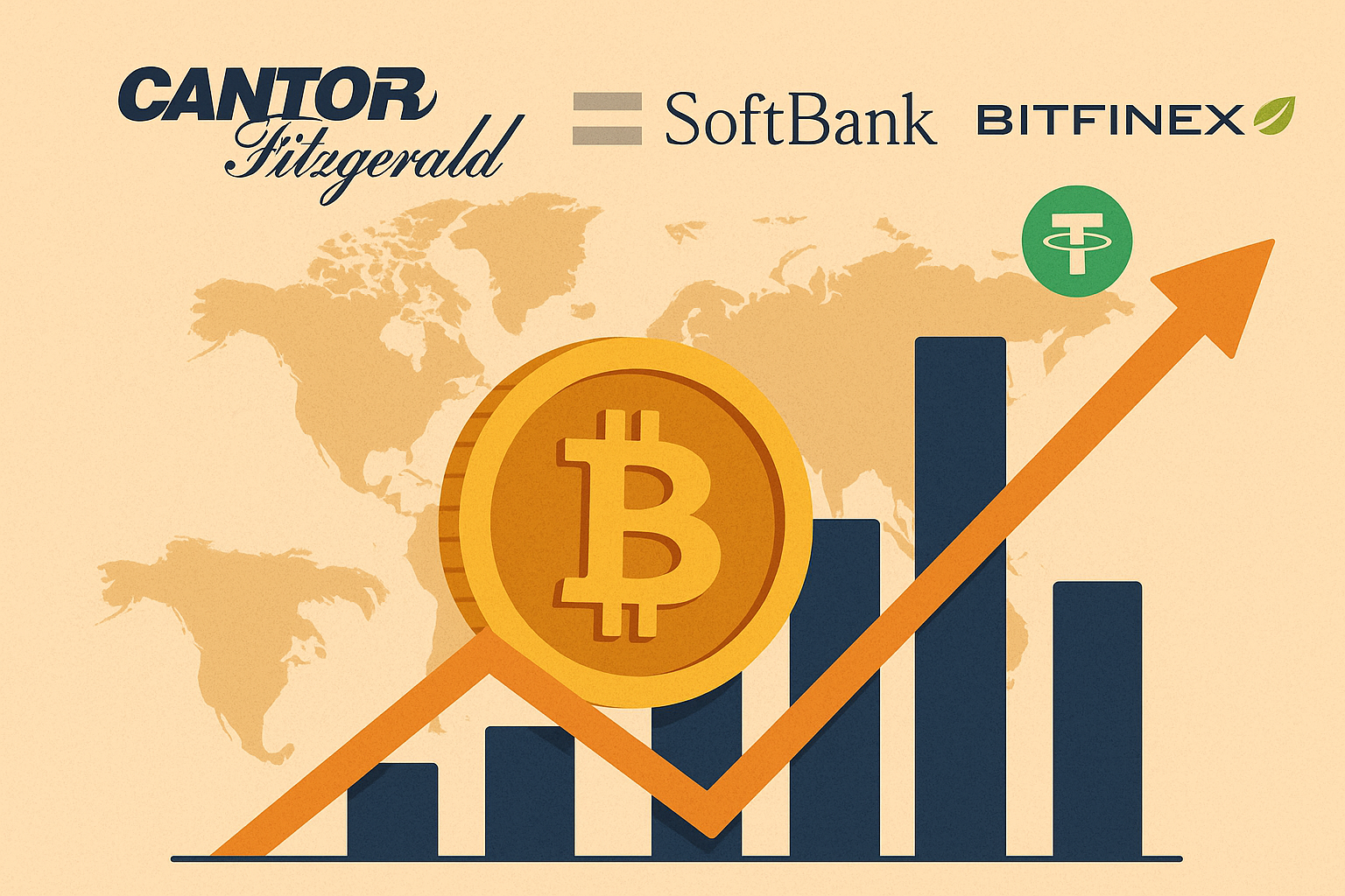 Illustration of a large Bitcoin symbol in front of a financial growth chart with logos of Cantor Fitzgerald, SoftBank, Bitfinex, and Tether on a world map background.