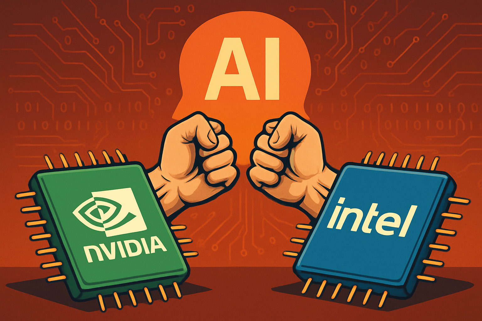 Illustration symbolizing competition between Intel and Nvidia in AI chip development, with two microchips and fists clashing under an AI-themed background.