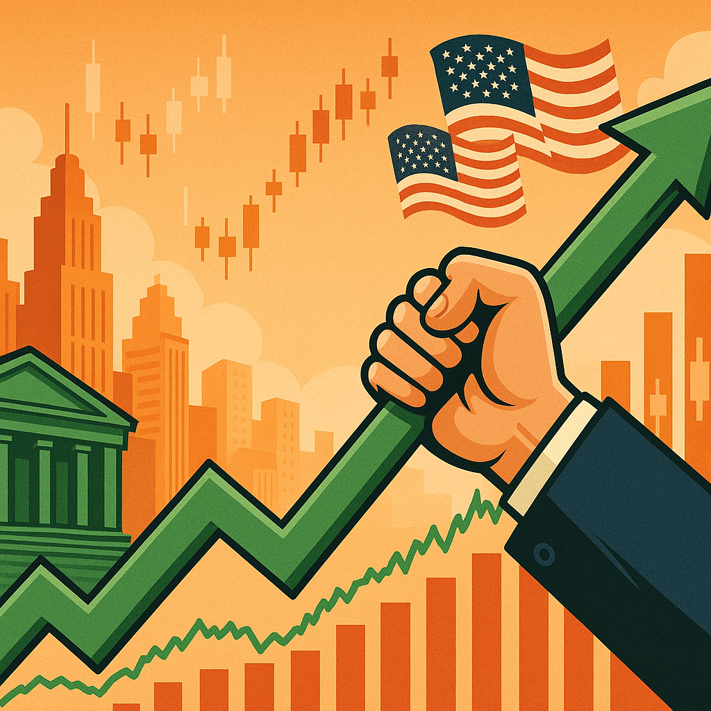 Illustration of a strong hand gripping an upward green arrow against a backdrop of stock charts, city skyline, NYSE building, and American flags, symbolizing a Wall Street market rally.