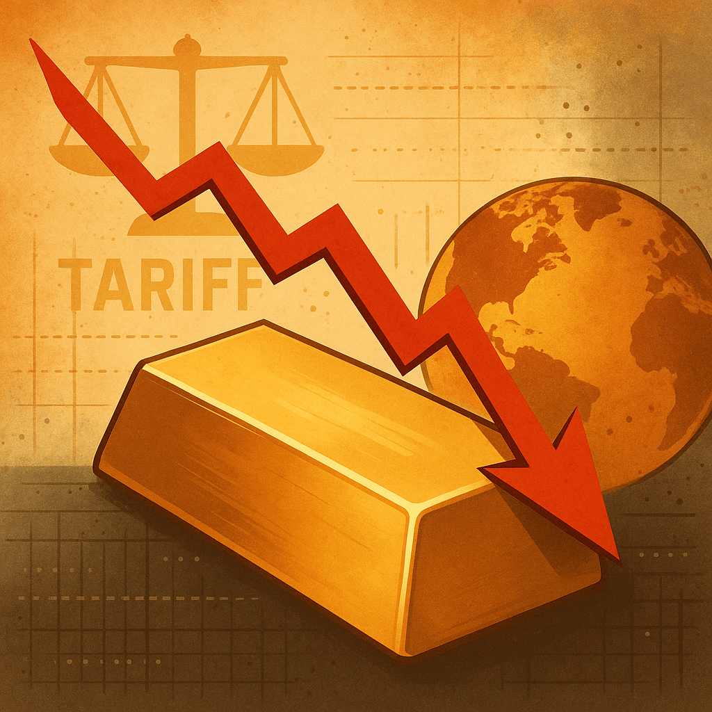 Illustration of a gold bar with a sharp red downward arrow, a globe, and a tariff symbol, representing a global economic downturn affecting gold prices.