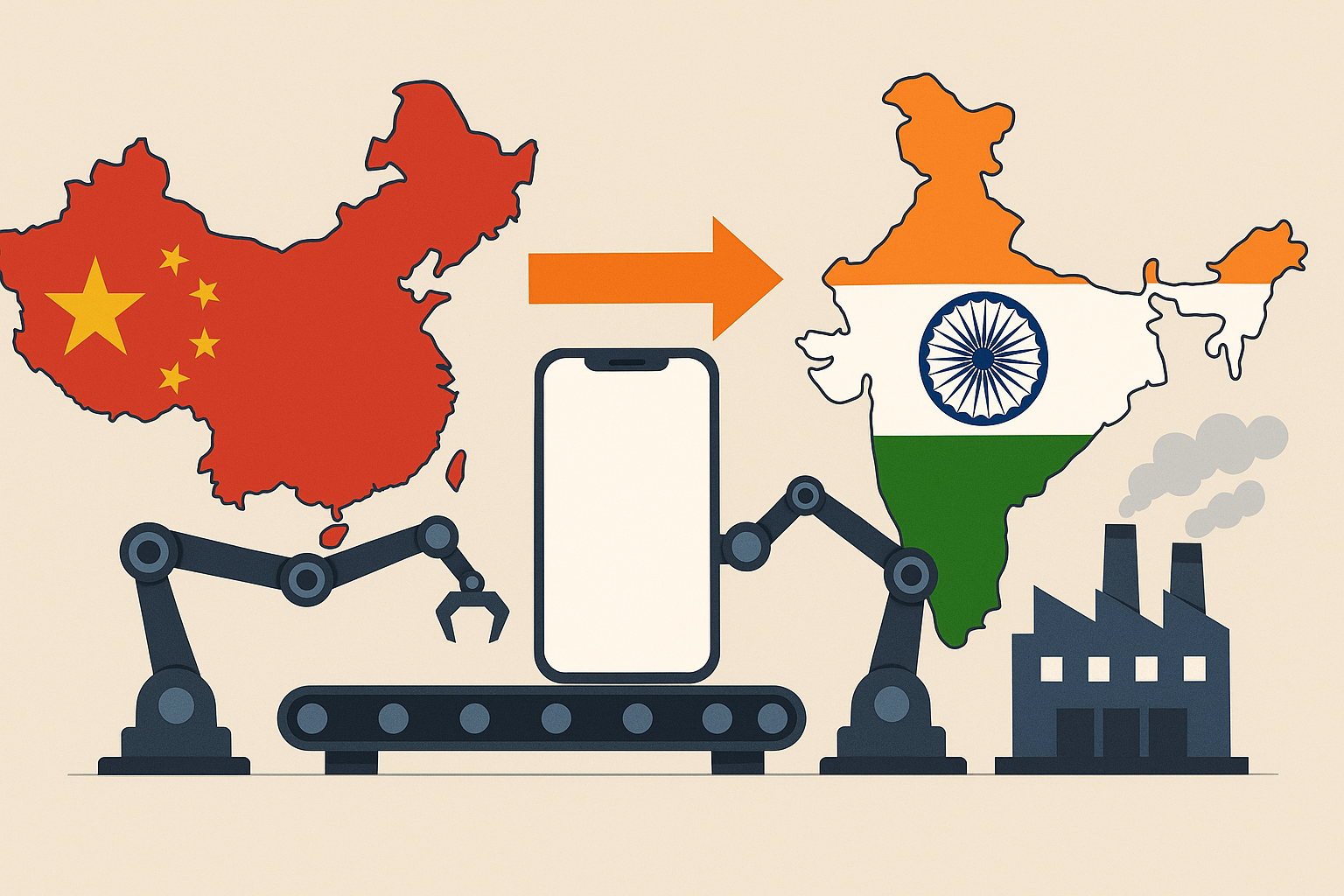 Illustration showing a smartphone on a conveyor belt between China and India, symbolizing the shift of iPhone production.