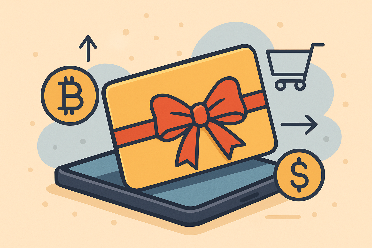 Illustration of a digital gift card emerging from a smartphone, surrounded by financial symbols like Bitcoin and a shopping cart, symbolizing the growth of the virtual gift card market.