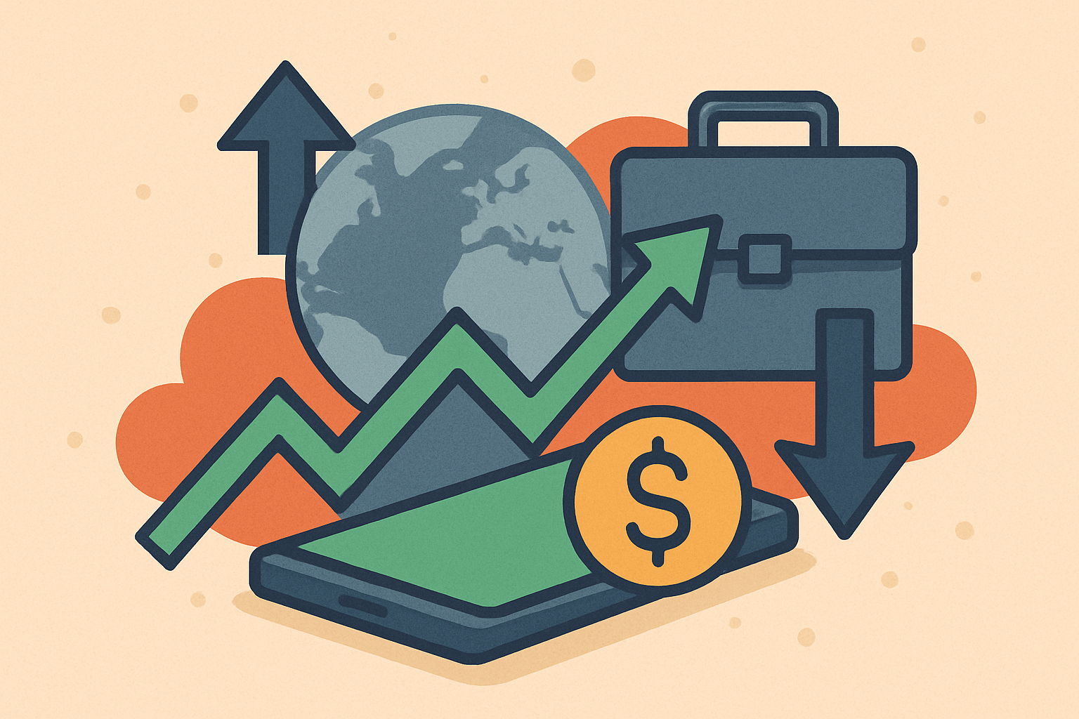 Illustration showing a globe, financial symbols, and stock market indicators representing global market stability during trade negotiations.