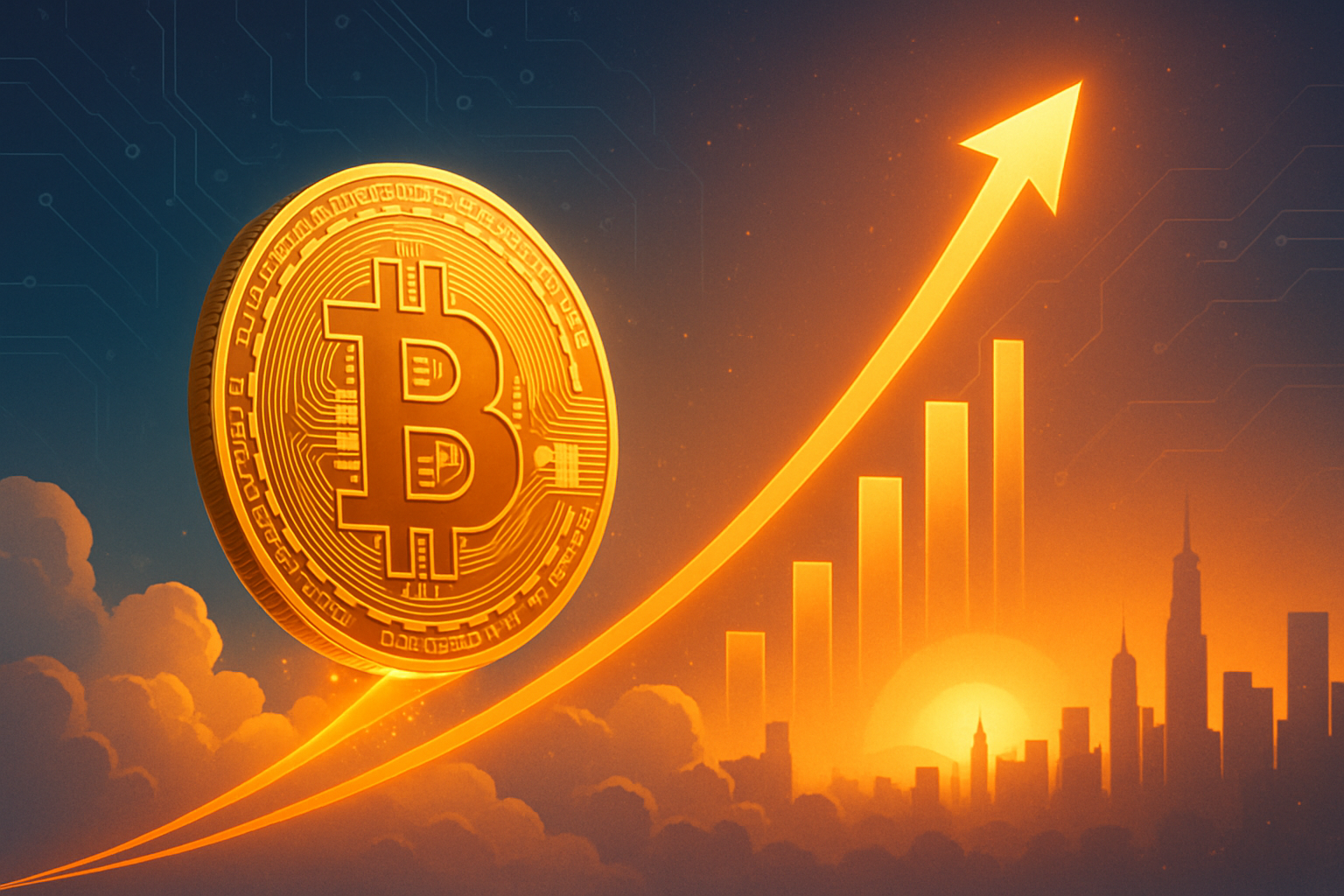 A golden Bitcoin rising on a glowing financial graph against a futuristic city skyline at sunrise, symbolizing Bitcoin’s projected surge and institutional momentum