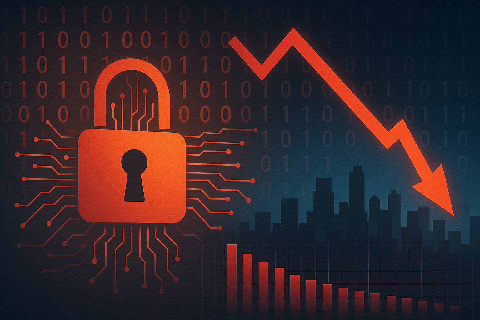 A digital illustration of a glowing red padlock connected to circuit lines, with a red downward arrow and declining bar chart against a city skyline, symbolizing a cybersecurity breach and financial loss