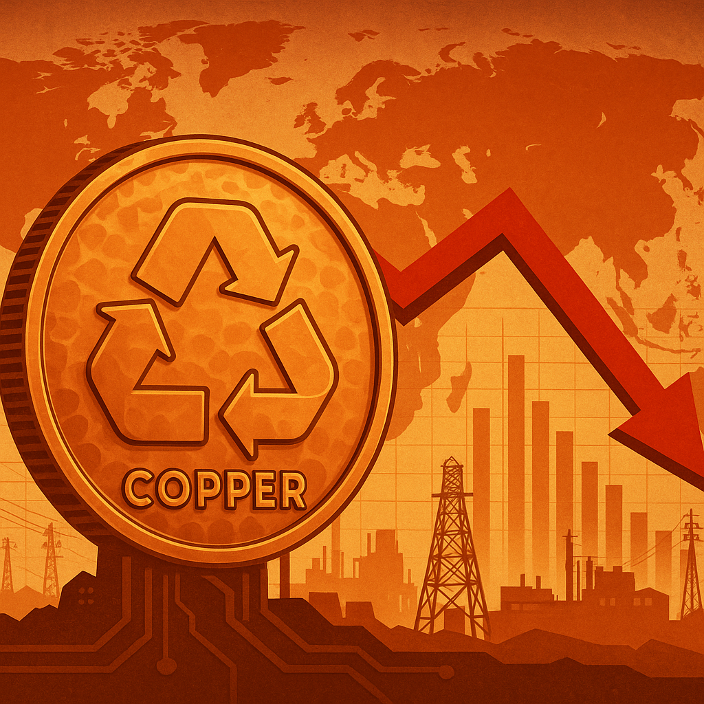 A symbolic copper coin with a recycling symbol set against a global map and industrial cityscape, with a red downward arrow indicating falling copper reserves and market disruption